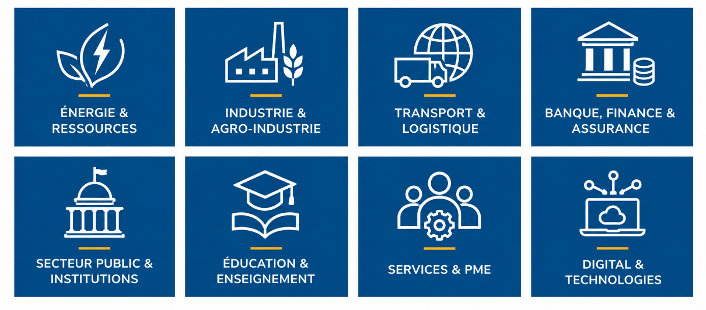 Nos huit domaines d’activité : énergie et ressources, industrie et agro-industrie, transport et logistique, banque, finance et assurance, secteur public et institutions, éducation et enseignement, services et PME, digital et technologies.
